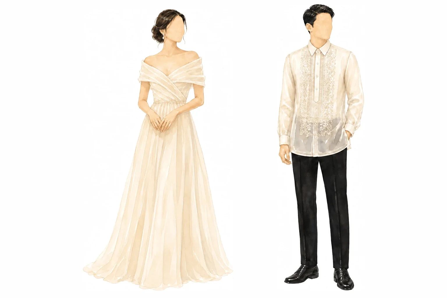 Faceless watercolour illustration of the wedding attire; it recolours as you tap a palette colour below