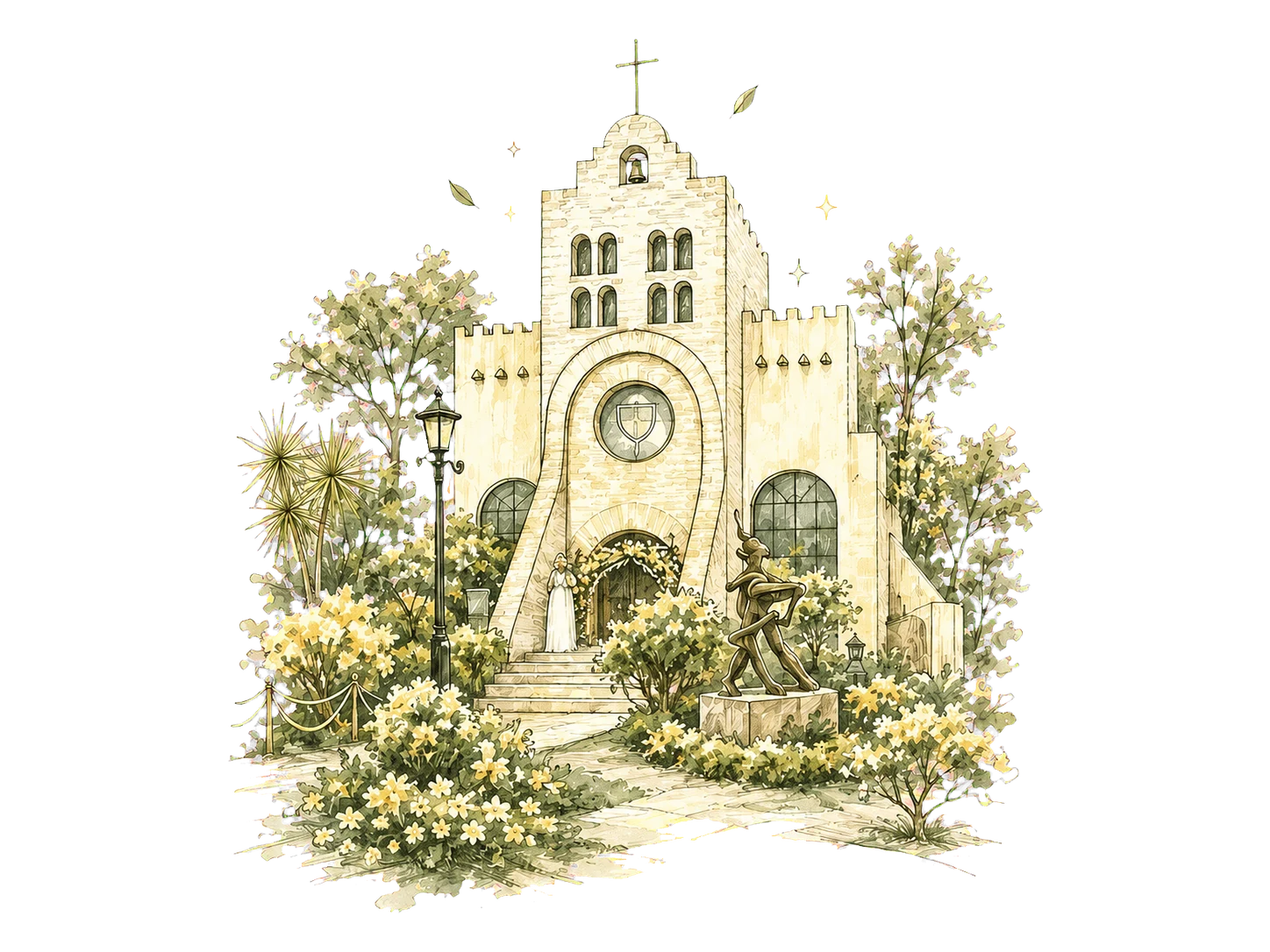 Watercolour illustration of the Caleruega Transfiguration Chapel and its gardens