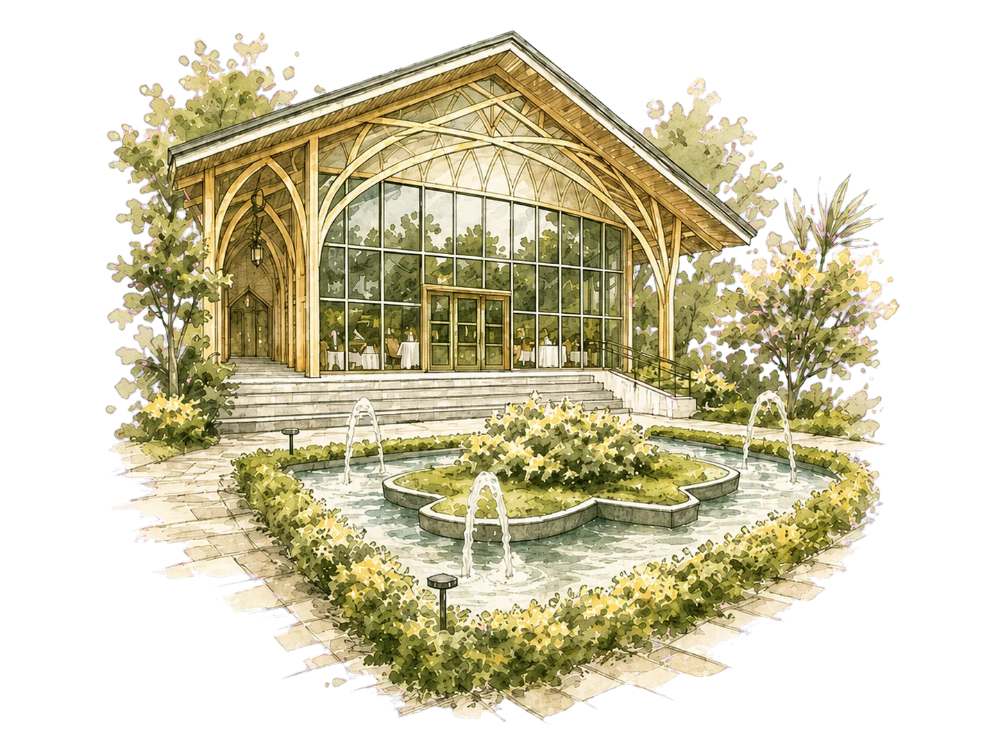 Watercolour illustration of Azienda Verde — the glass garden pavilion and its fountain